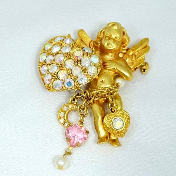 Rare Kirk's Folly Cherub Angel w/Rhinestone Heart Gold-Tone Angel Brooch - Picture 5 of 8